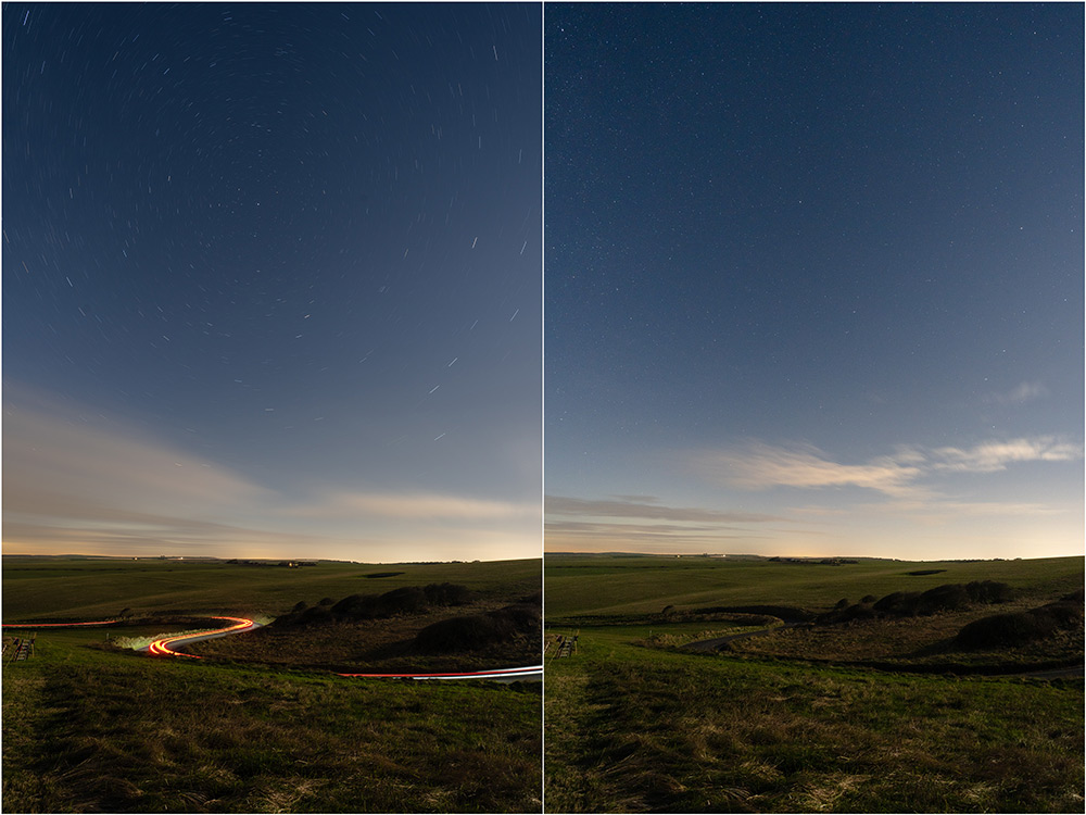 A diptych of two nighttime photos side by side. The basic scene is the same in each- grassy banks leading to distant downland, dissected by a winding road. The illuminated landscape & dark blue sky hint at the presence of moonlight. The brightness of each frame is identical. On the left, a 10 minute exposure with circular star trails forming around Polaris; on the right, a 25 second exposure in which the stars remain as pinpricks of light.