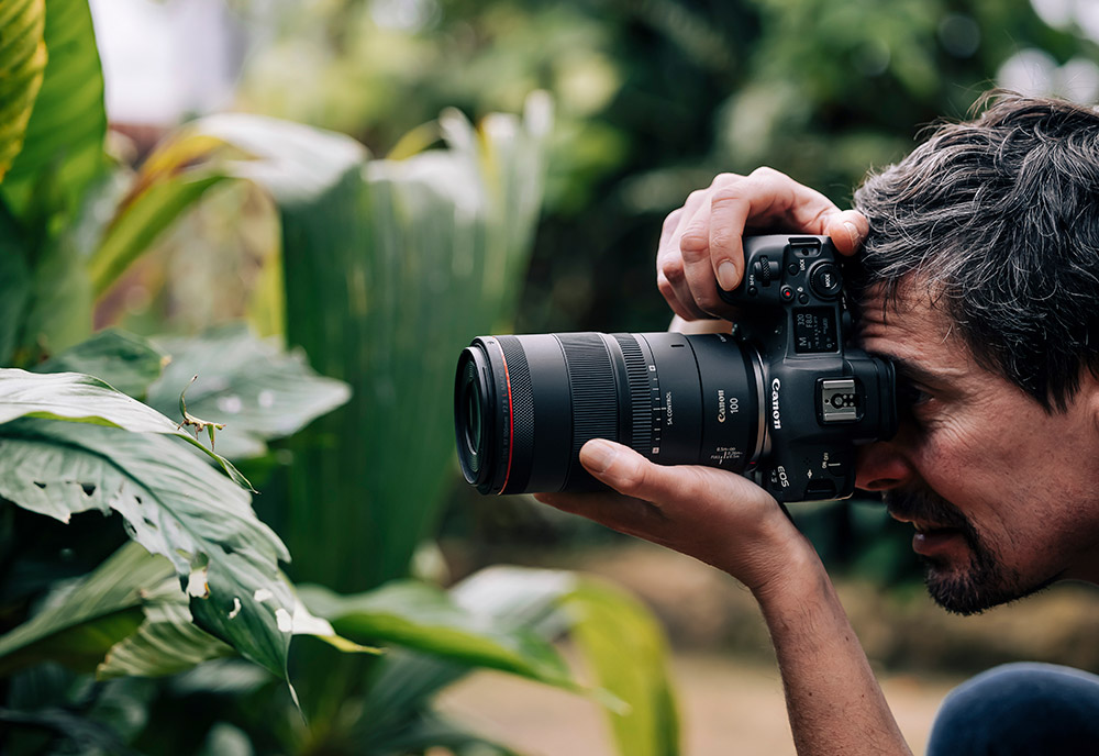 Lens in use mounted to EOS R5 camera body