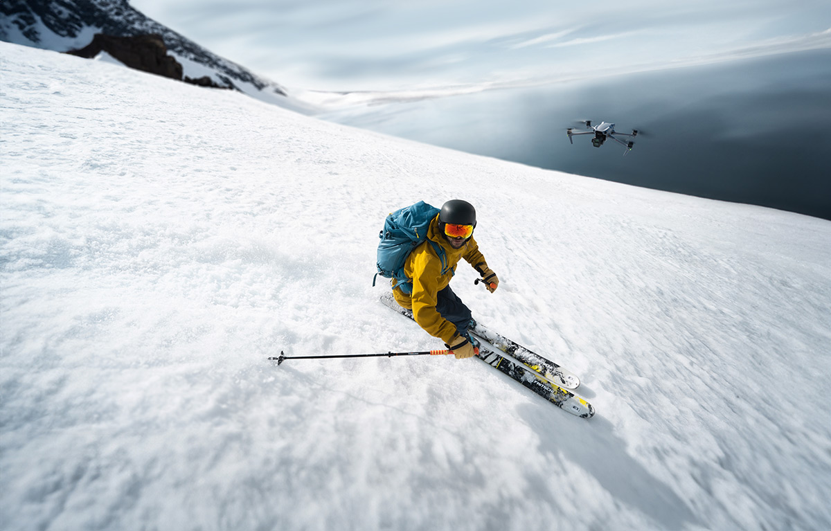 The aircraft comes with ActiveTrack to track the subject (while skiing)