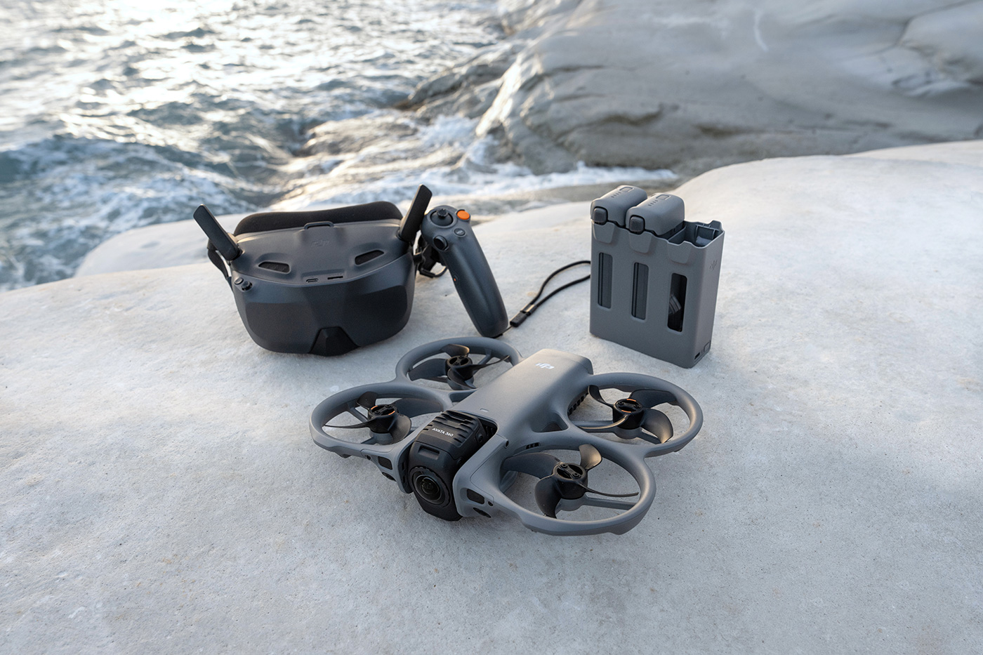 Contents of the DJI Avata 360 Motion Fly More Combo on location