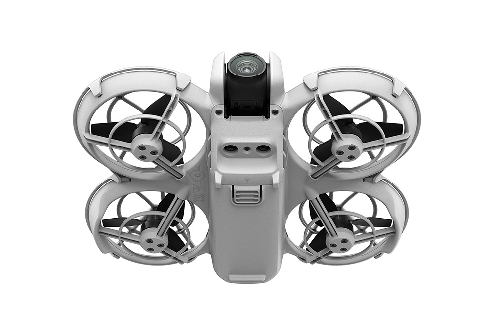 Underneath the DJI Neo showing gimbal and sensors