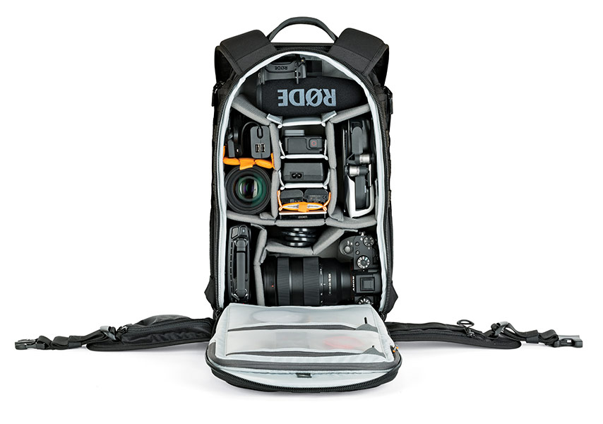 Equipmenty stowed safely and securely in a large camera bag