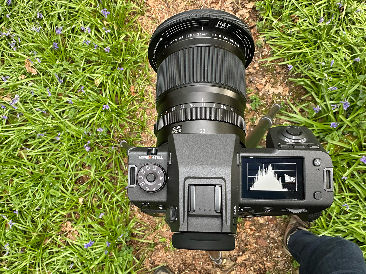 LCD panel on top of body showing clear histogram