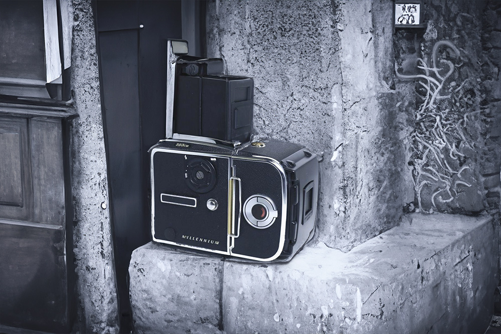Vintage scene with old Hasselblad camera