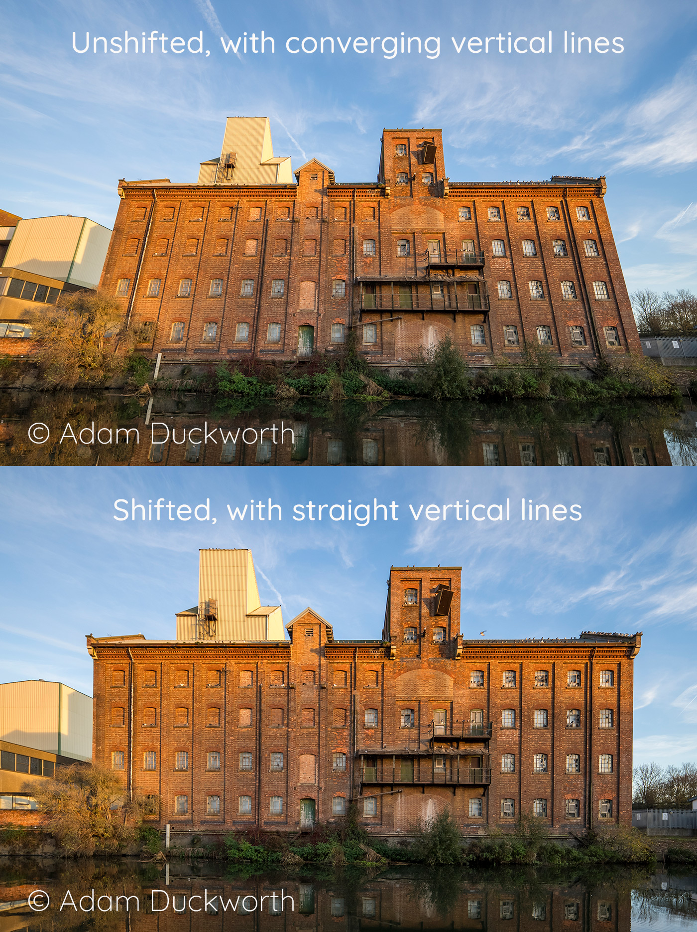 Example of shifted and unshifted building, with converging vertical lines © Adam Duckworth