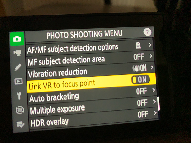 Menu setting to link VR to focus point in the Nikon Zf menu
