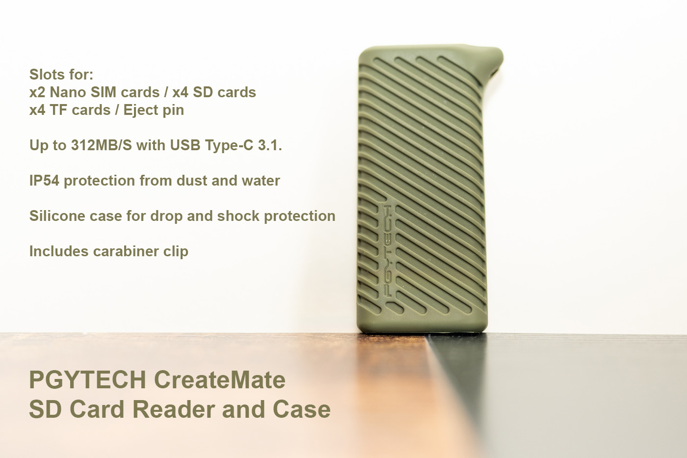 Graphic with best features of the PGYTECH CreateMate Card Reader Case