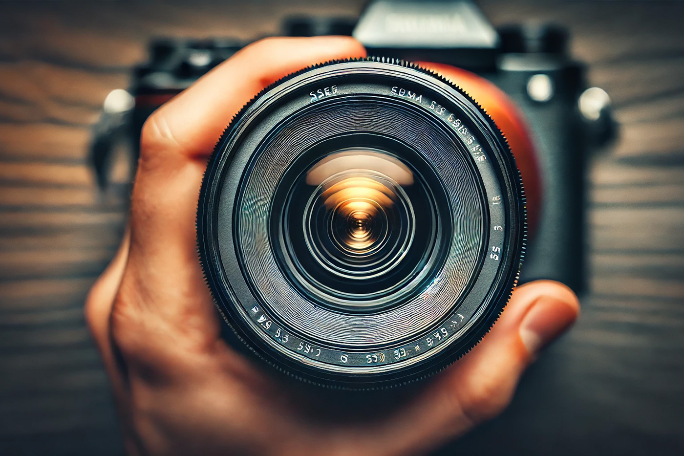 Close-up of hand turning lens focus ring