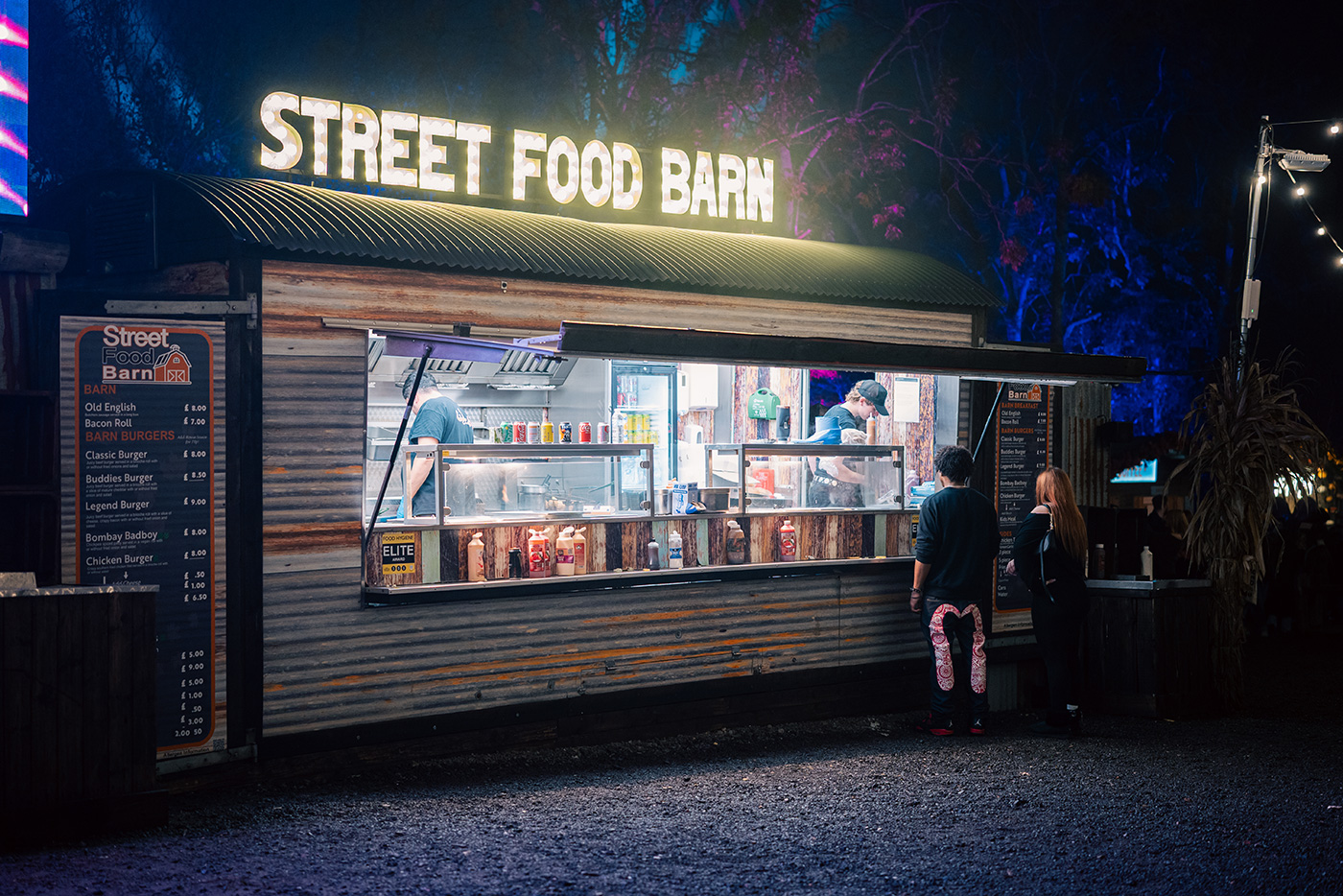 Sample of street food barn at night
