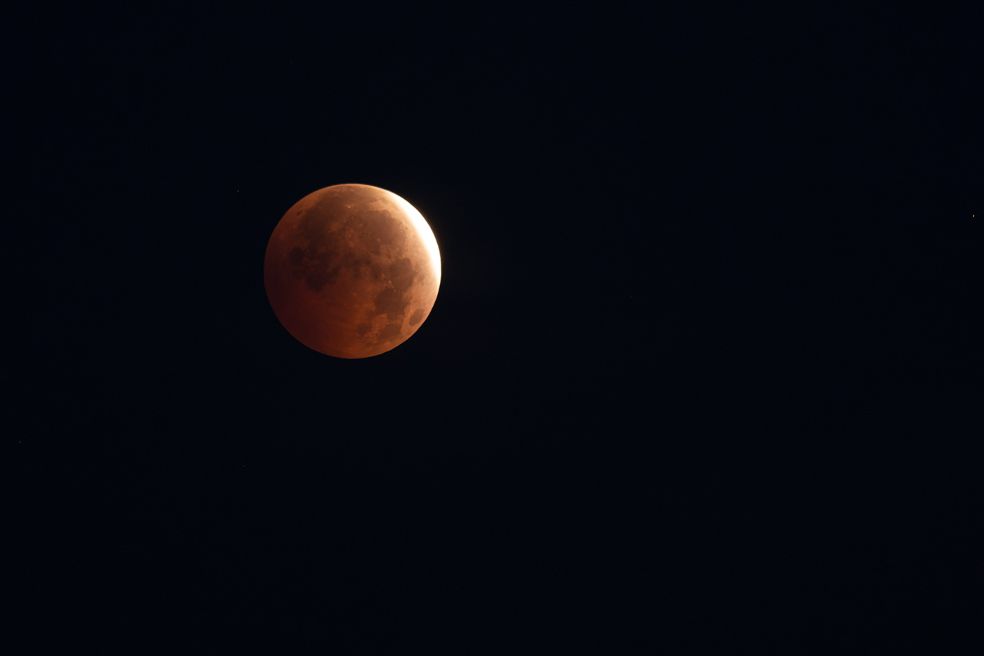 Sample 13 Lunar eclipse. FE 100-400mm F/4.5-5.6 GM OSS at 400mm. Settings: 0.3 sec. f/5.6. ISO 1600 (tripod mounted)