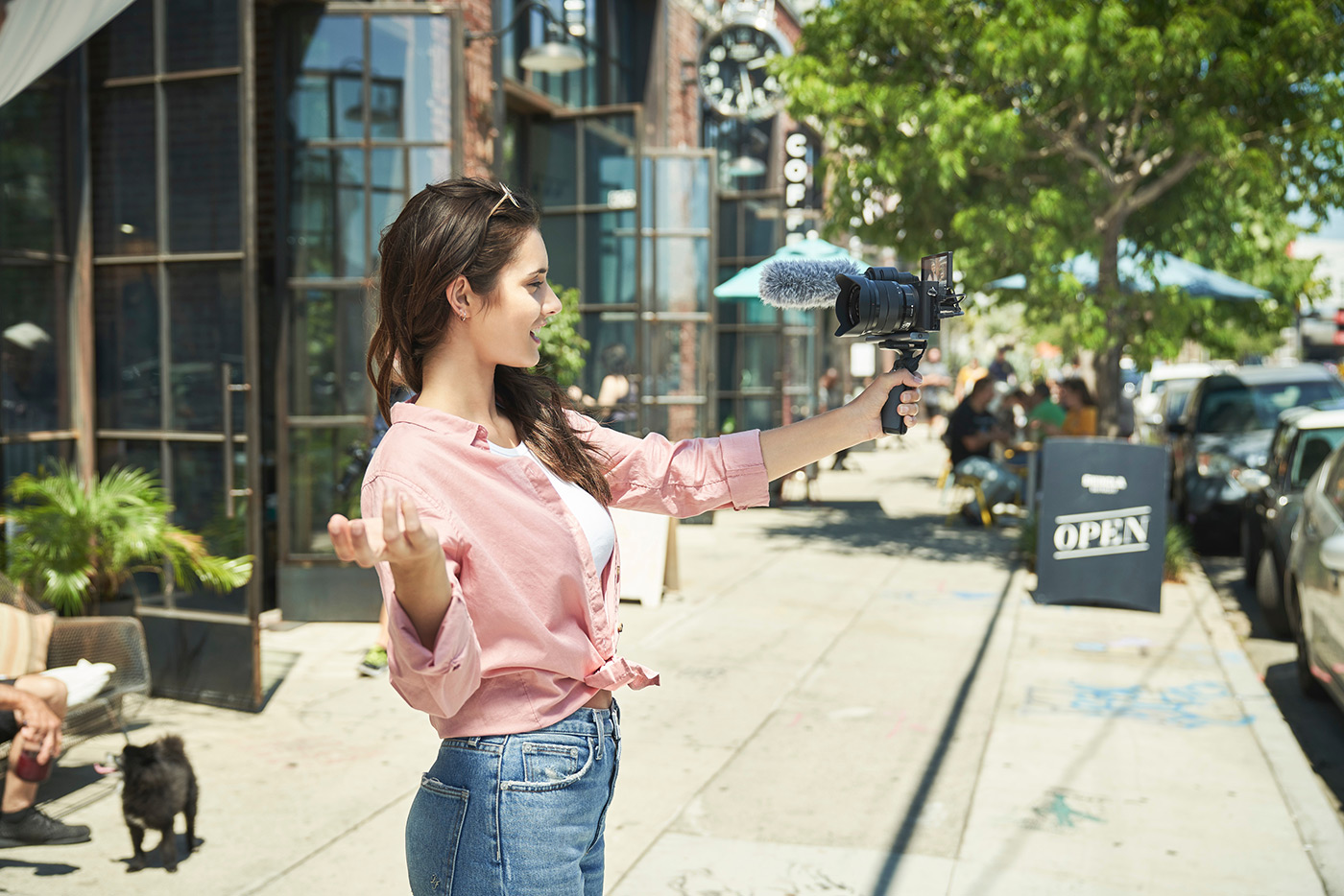 Young female Sony creator vlogging with ZV vlogging camera