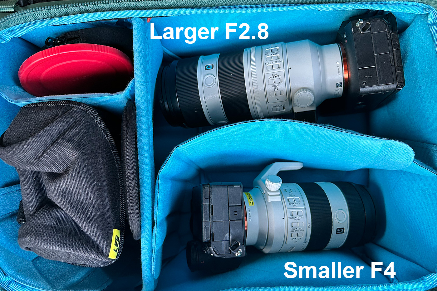 The compact design compared to the G Master version in a camera bag