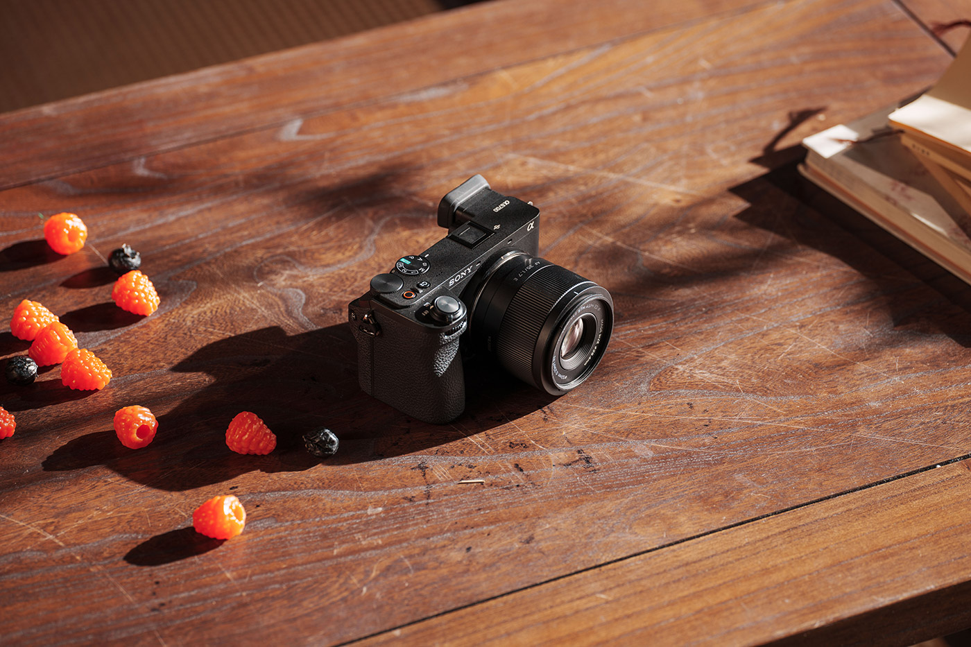 Camera with lens in still life setting