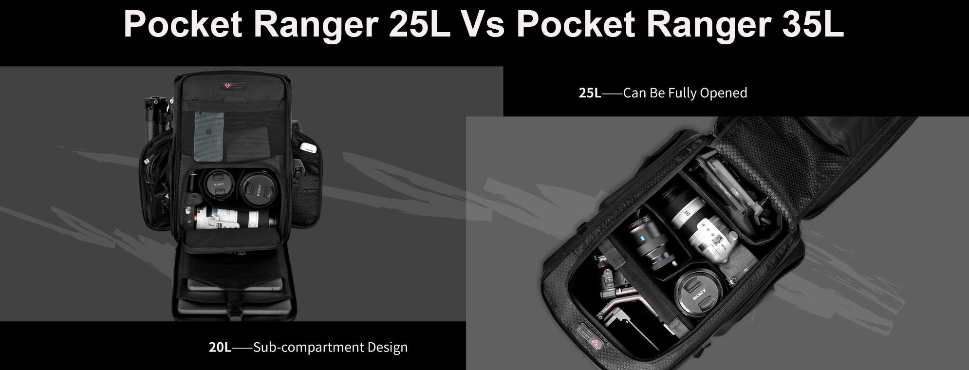 Two size comparison of Ranger series of camera backpacks