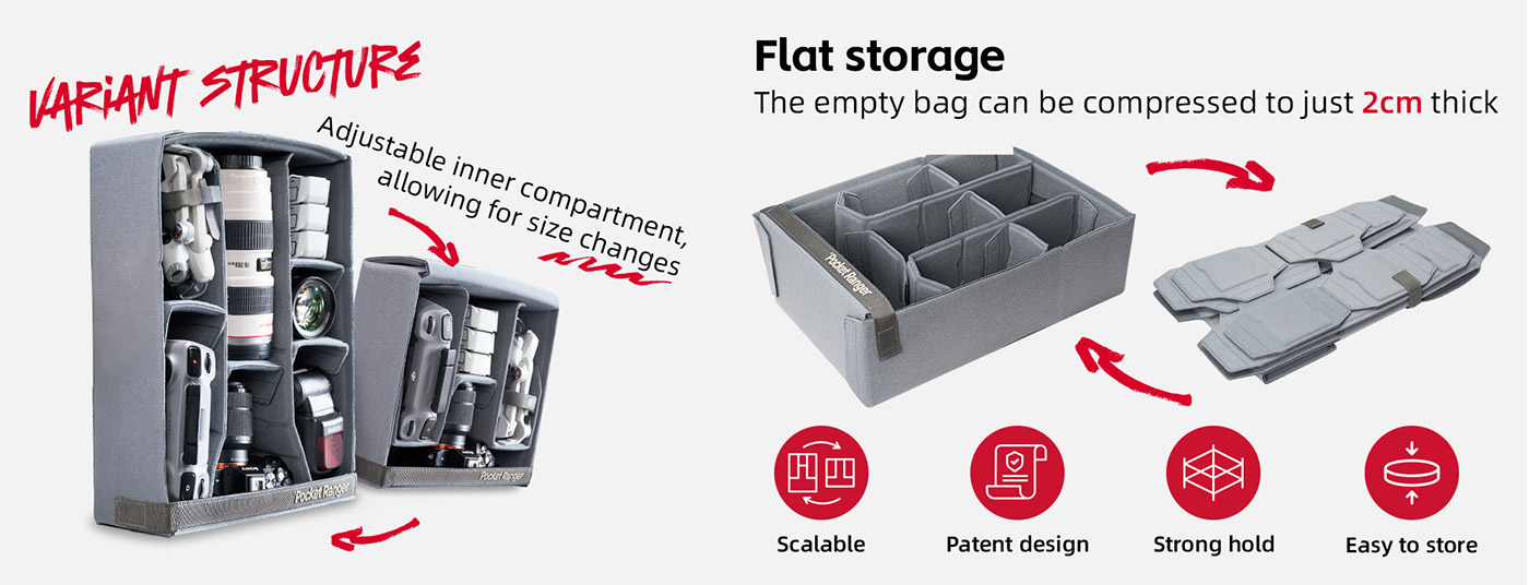 The patented removable camera insert which packs down flat