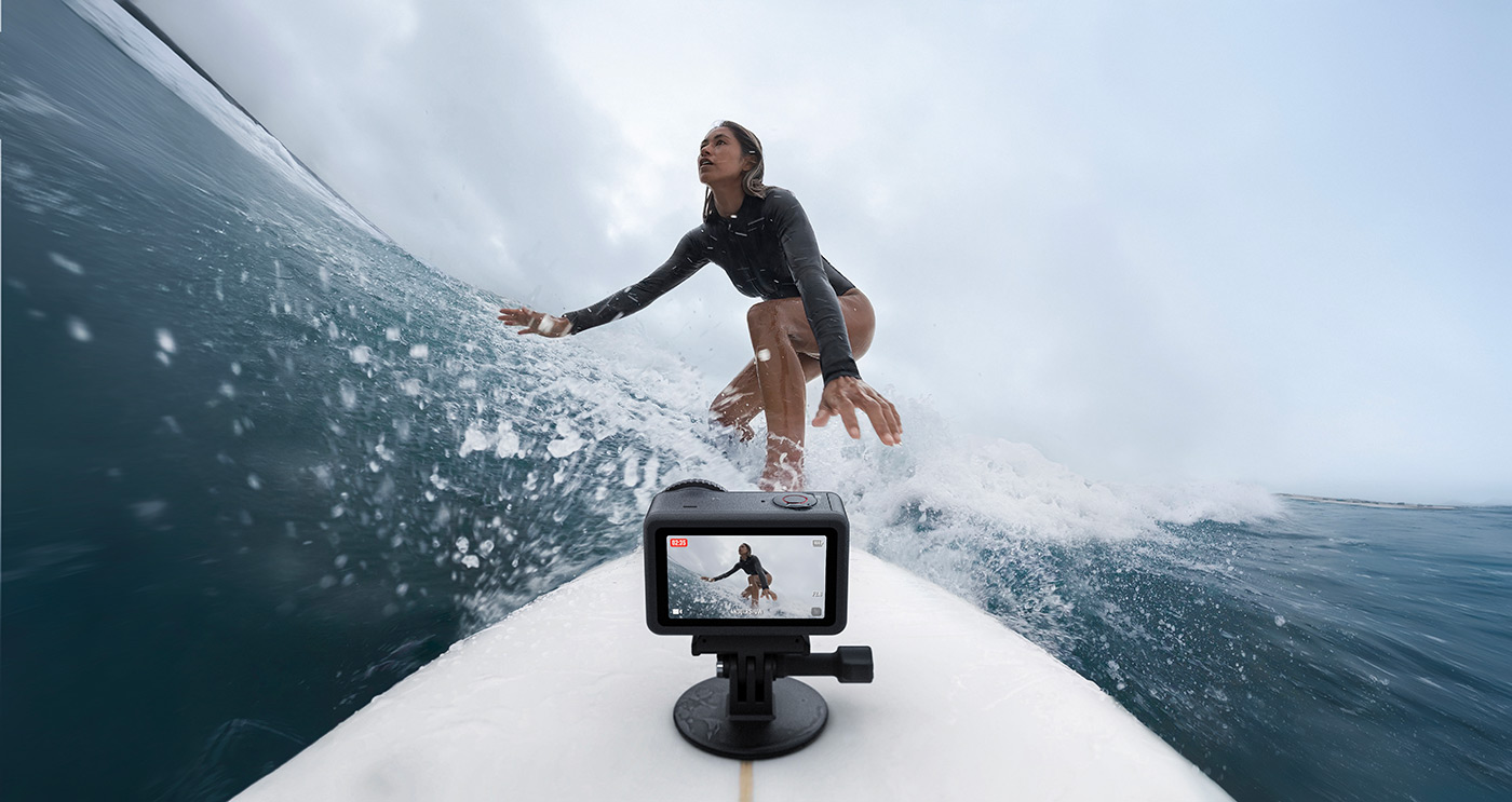 Mounted to a surf board with flat mount accessory