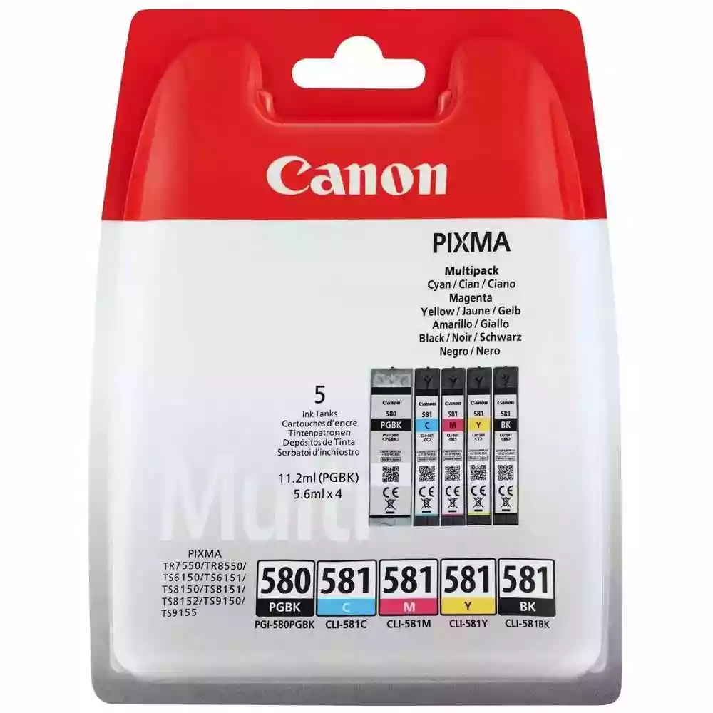 Canon PGI-580BK/CLI-581 33.6ml Black / Cyan / Yellow / Magenta / Pigment Black Ink Cartridges - Mu